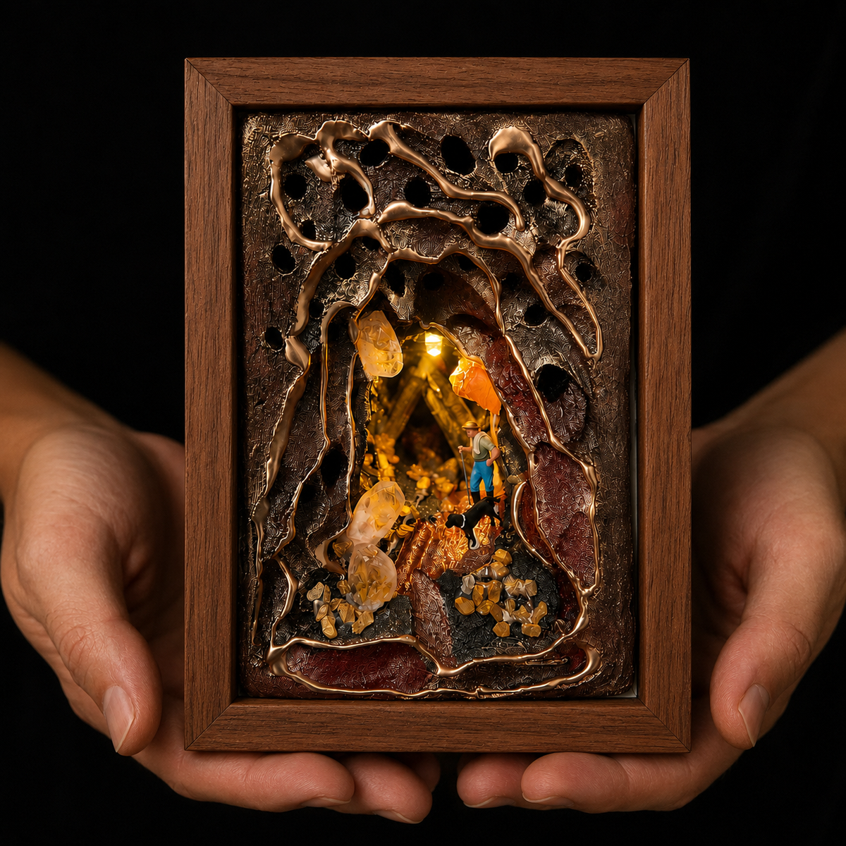 Miner & Dog Crystal Cave Night Light – Mini Diorama