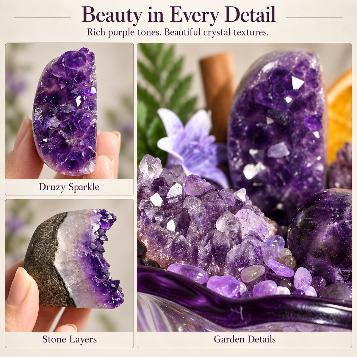 Druzy surface, stone layers and crystal garden details