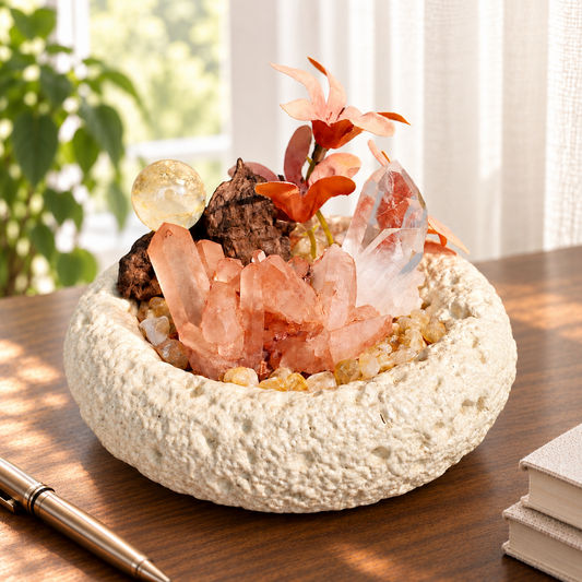 Red quartz and citrine garden displayed on a wooden desk beside a journal