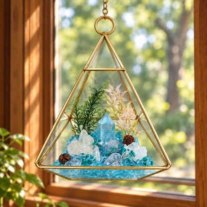 Aquamarine & Clear Quartz Crystal Terrarium – Gold Geometric Hanging Decor
