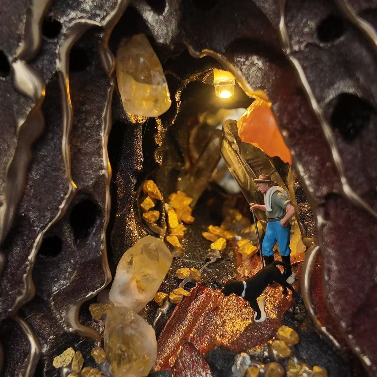 Miner & Dog Crystal Cave Night Light – Mini Diorama