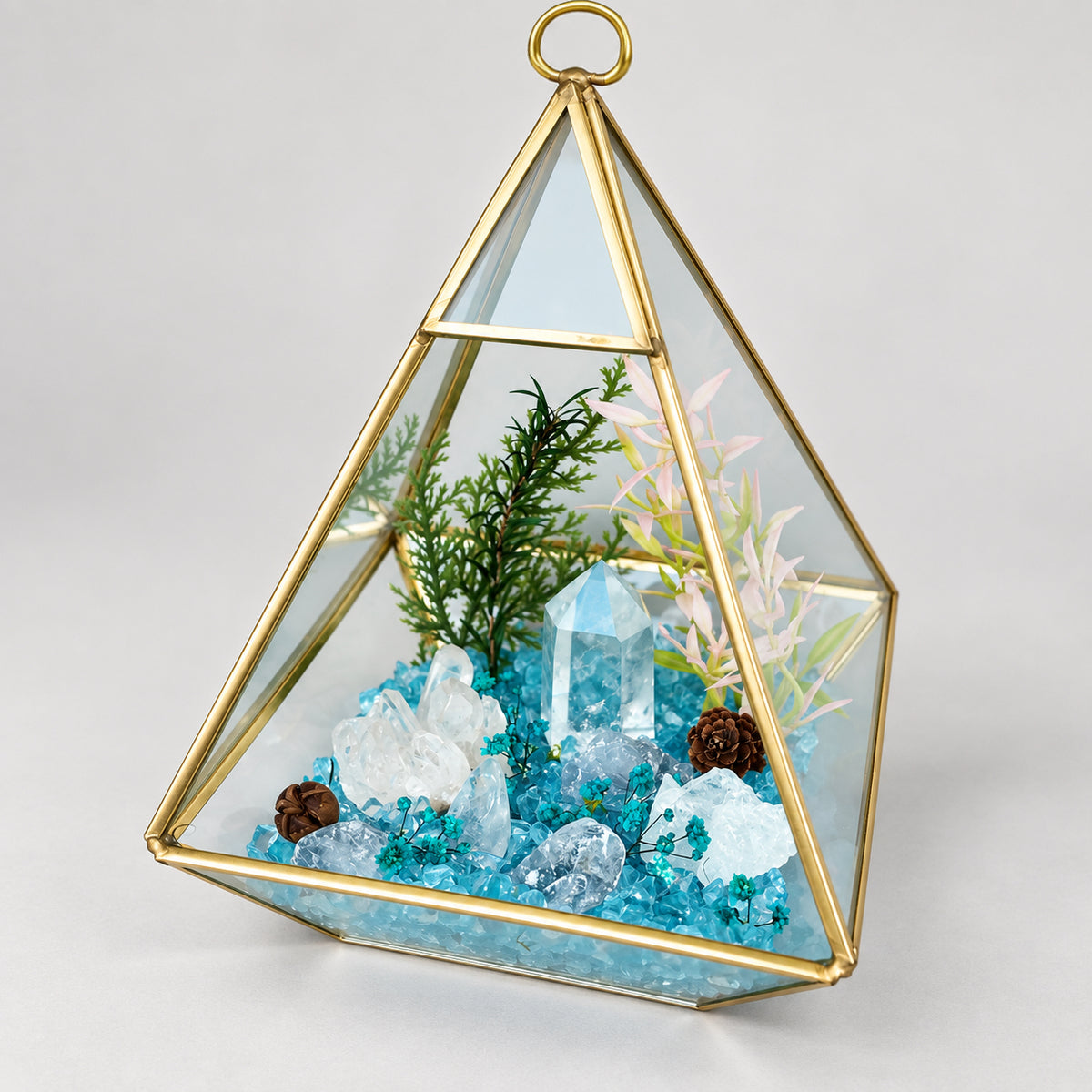 Aquamarine & Clear Quartz Crystal Terrarium – Gold Geometric Hanging Decor
