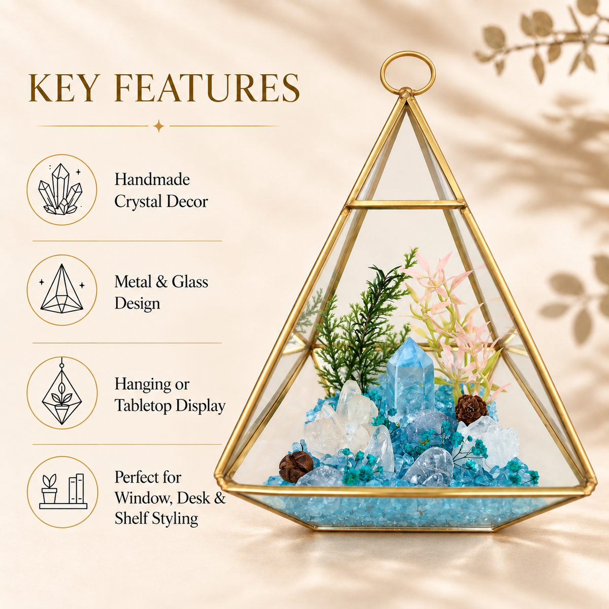 Aquamarine & Clear Quartz Crystal Terrarium – Gold Geometric Hanging Decor