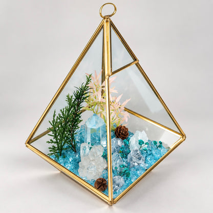 Aquamarine & Clear Quartz Crystal Terrarium – Gold Geometric Hanging Decor