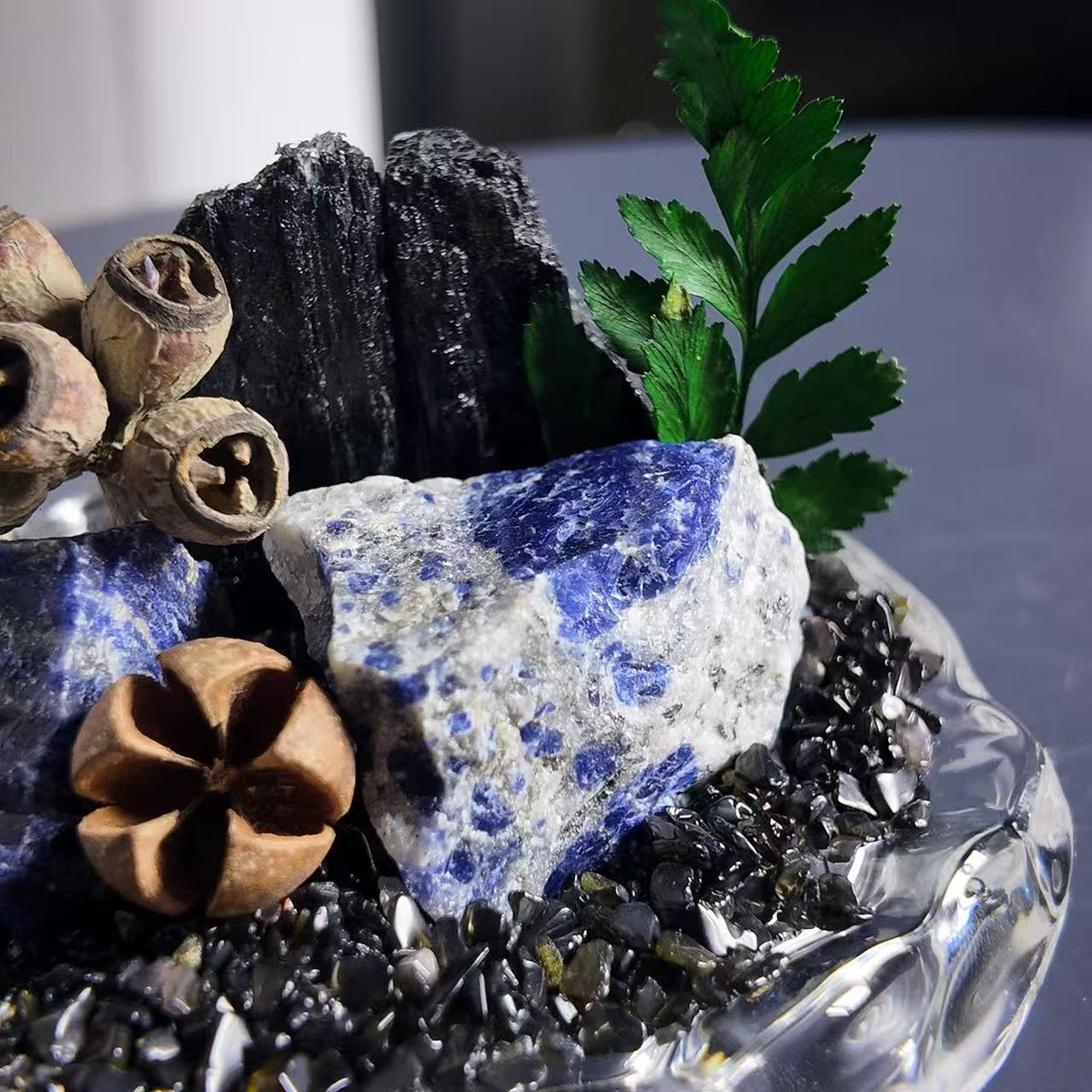 Sodalite & Black Tourmaline Garden – Blue Crystal Decor
