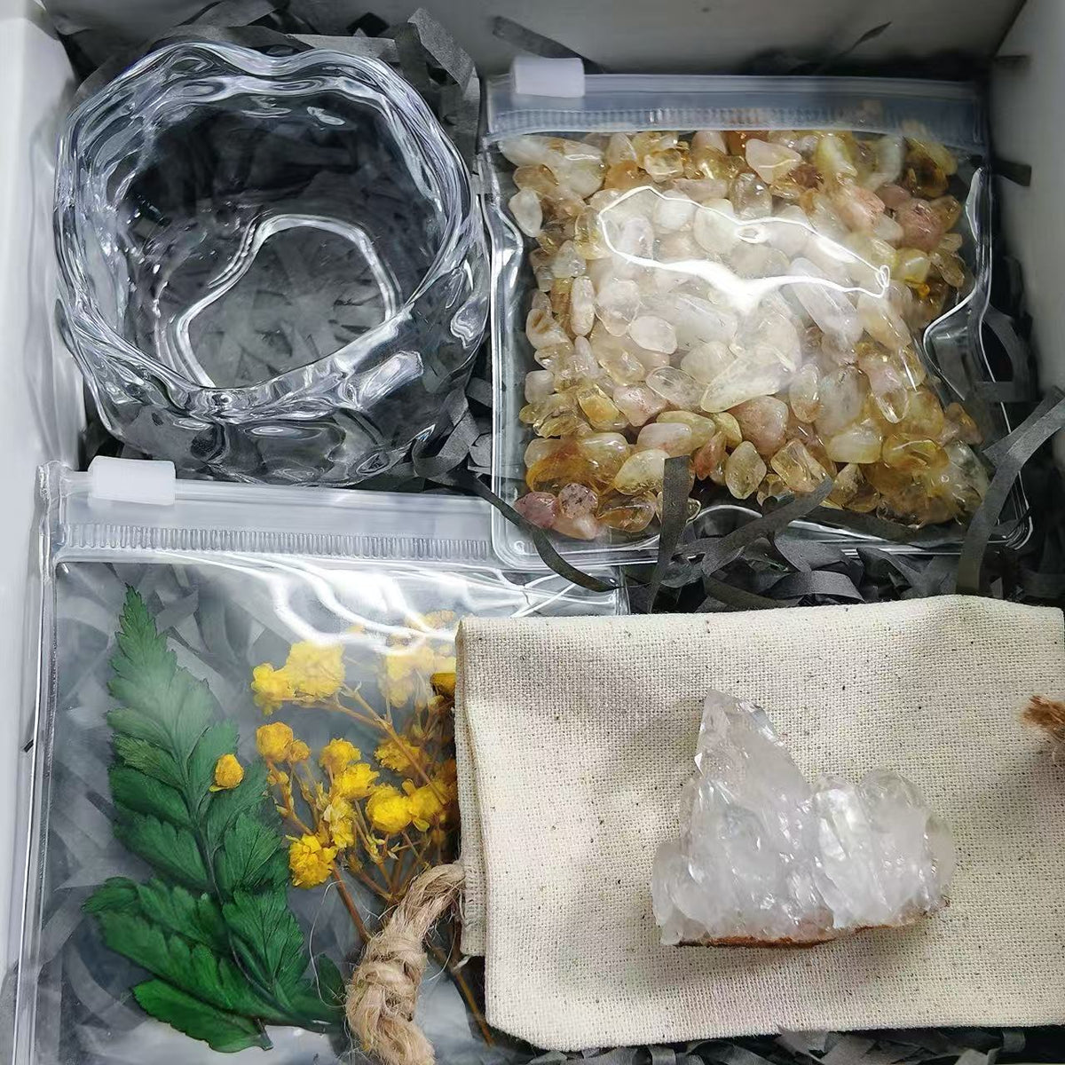 Clear Quartz Crystal Garden – Yellow Flowers & Sculptural Glass Bowl