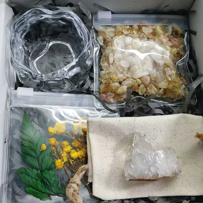 Clear Quartz Crystal Garden – Yellow Flowers & Sculptural Glass Bowl