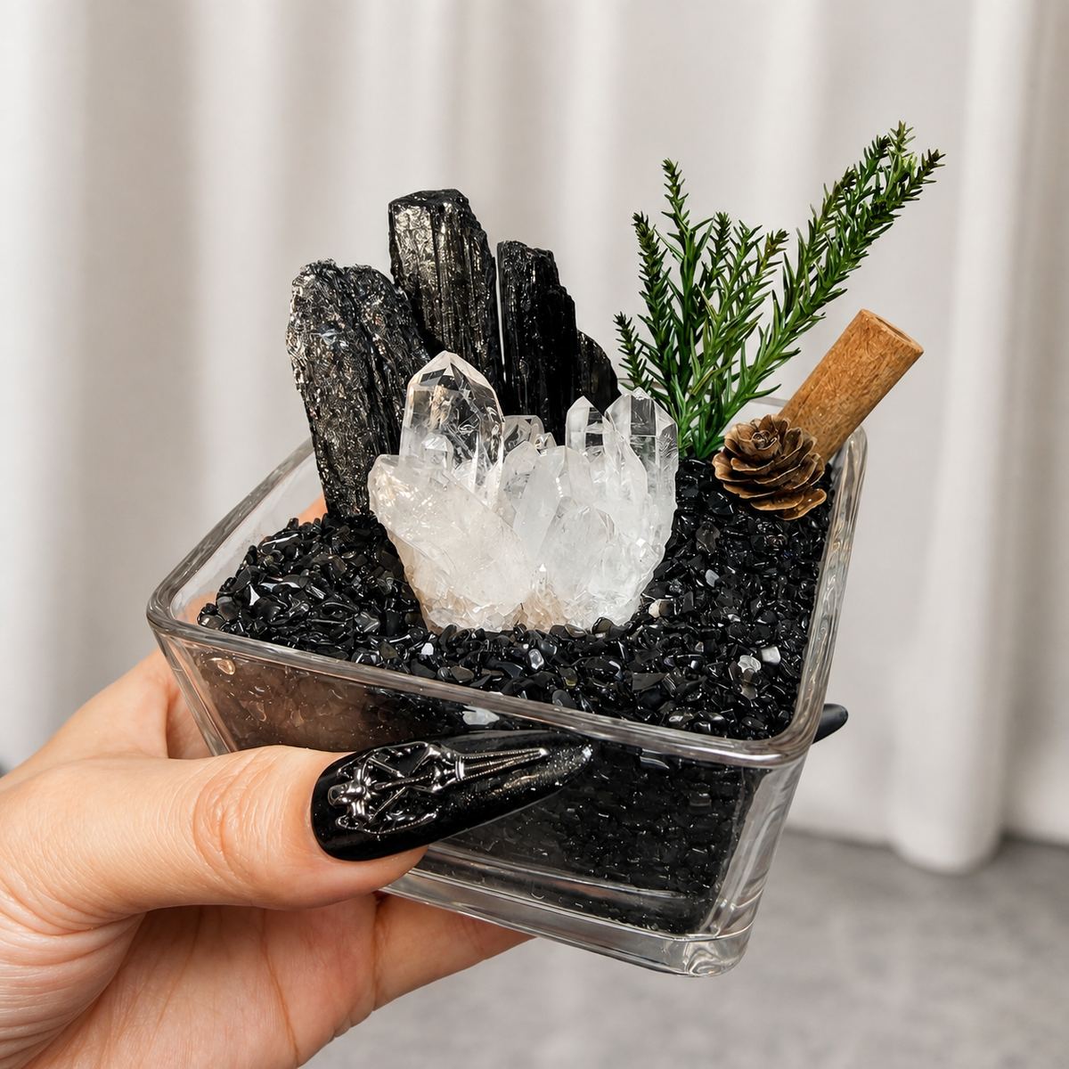 Black Tourmaline & Clear Quartz Garden – Crystal Decor