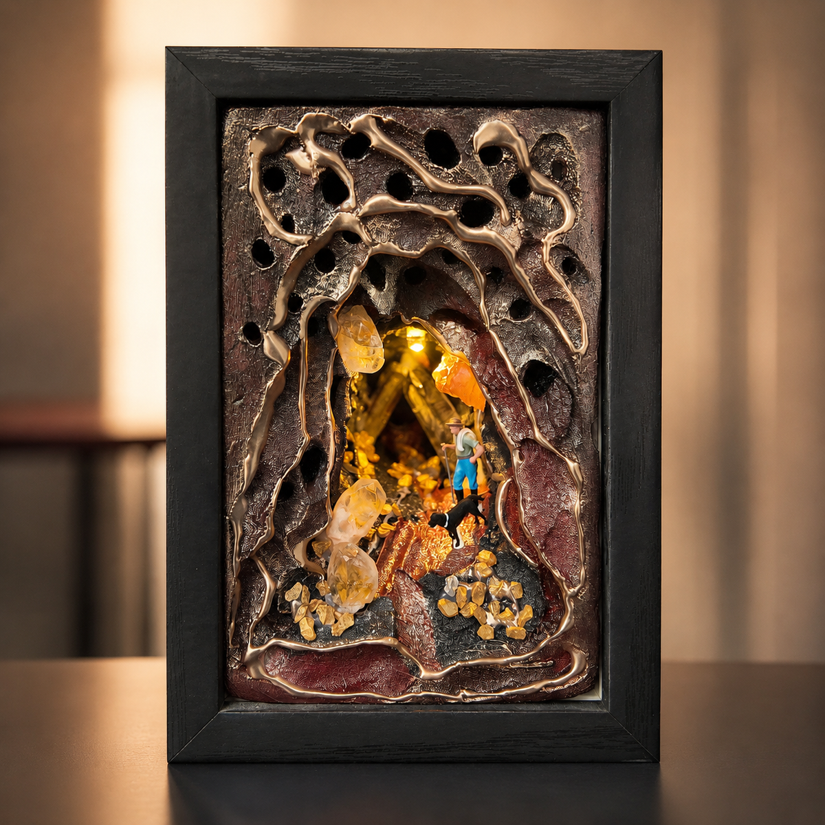 Miner & Dog Crystal Cave Night Light – Mini Diorama