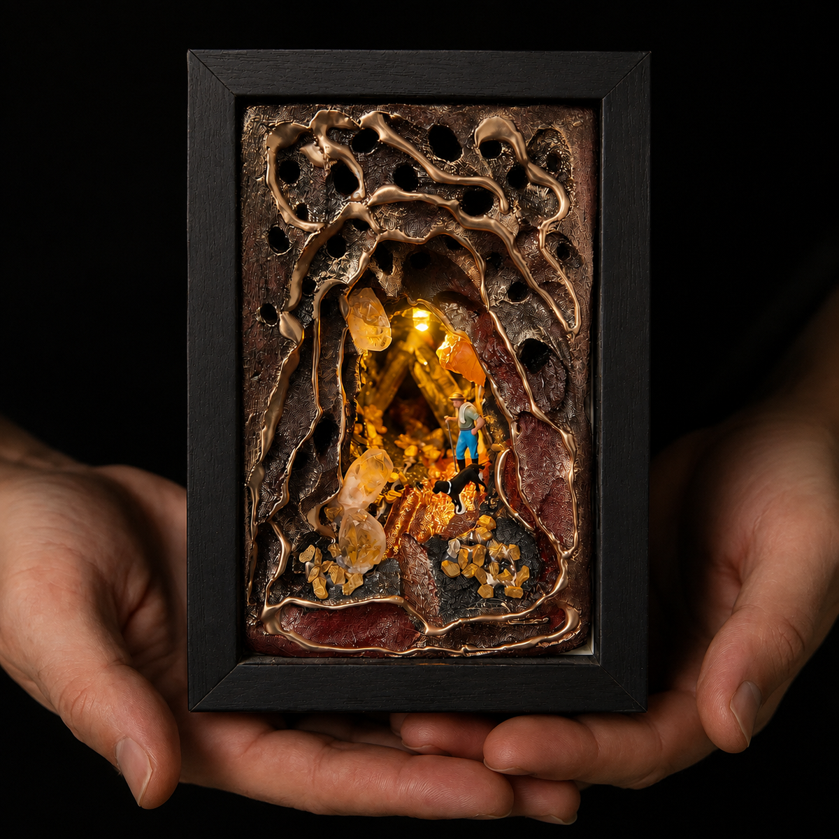 Miner & Dog Crystal Cave Night Light – Mini Diorama