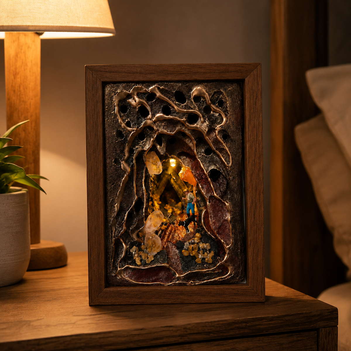 Miner & Dog Crystal Cave Night Light – Mini Diorama