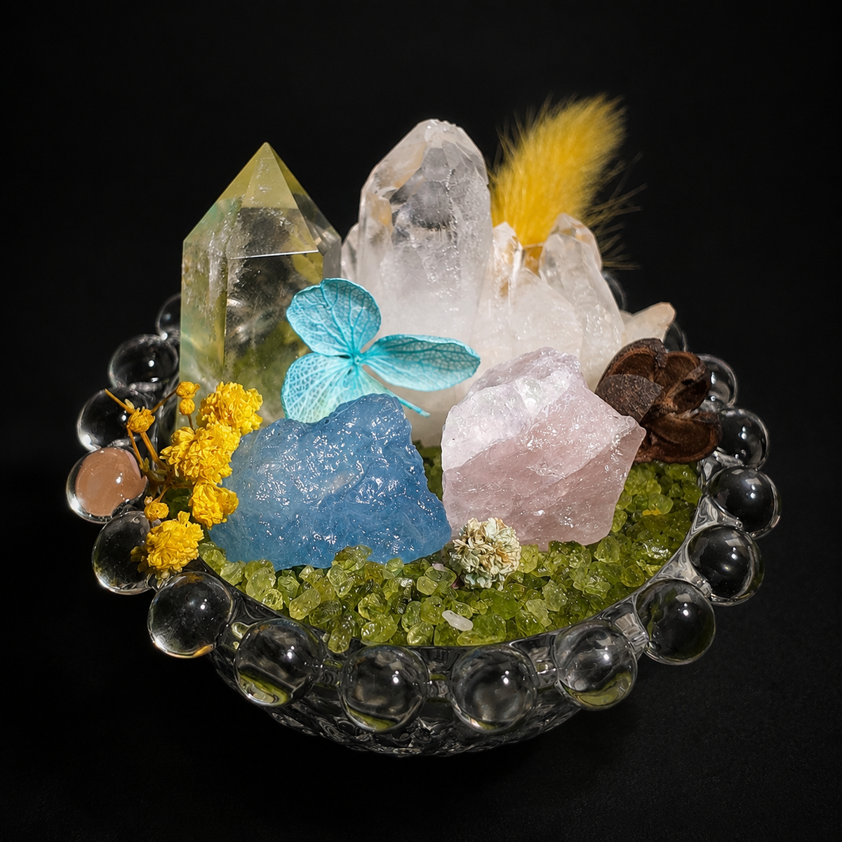 Aquamarine, Rose Quartz & Clear Quartz Garden