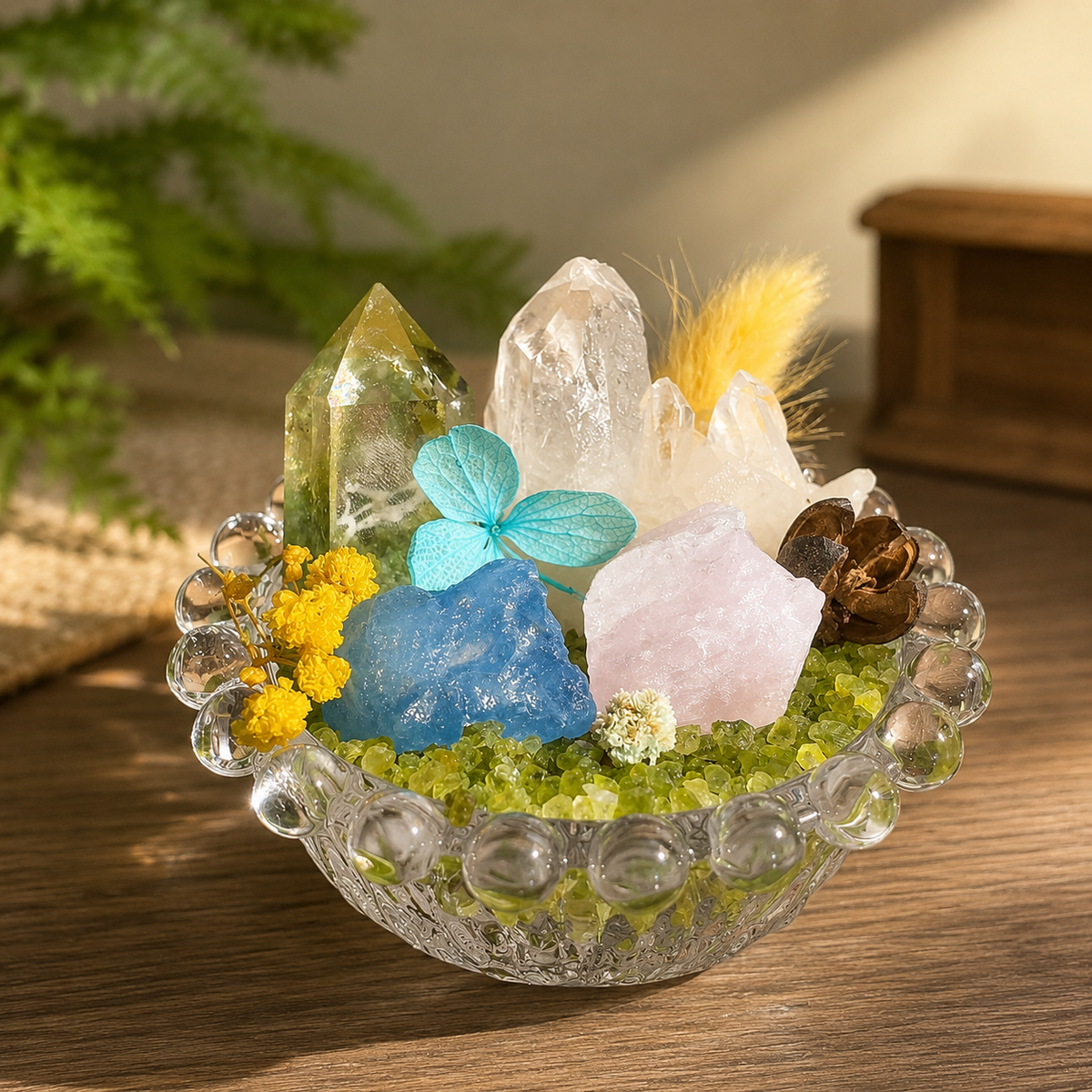 Aquamarine, Rose Quartz & Clear Quartz Garden