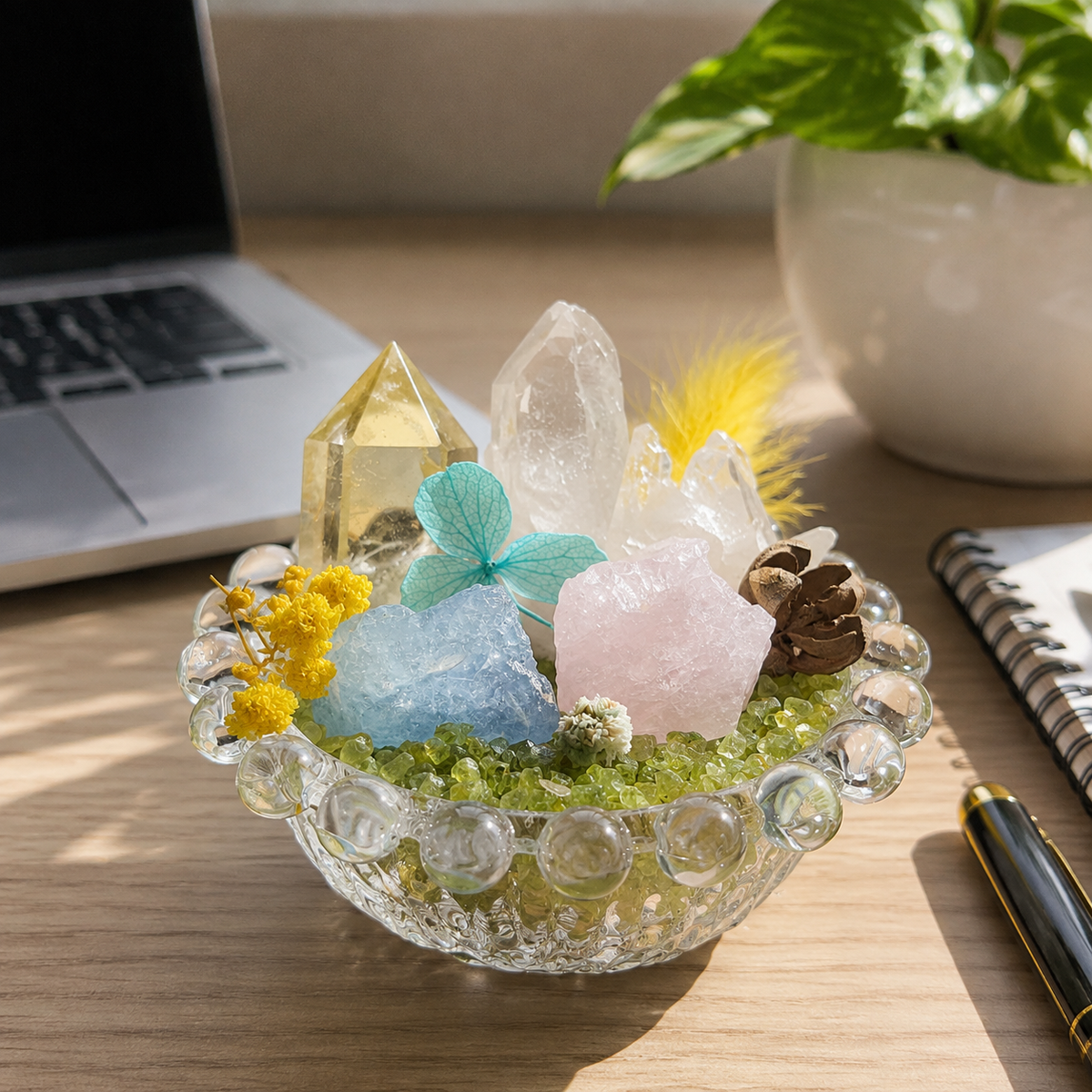 Aquamarine, Rose Quartz & Clear Quartz Garden