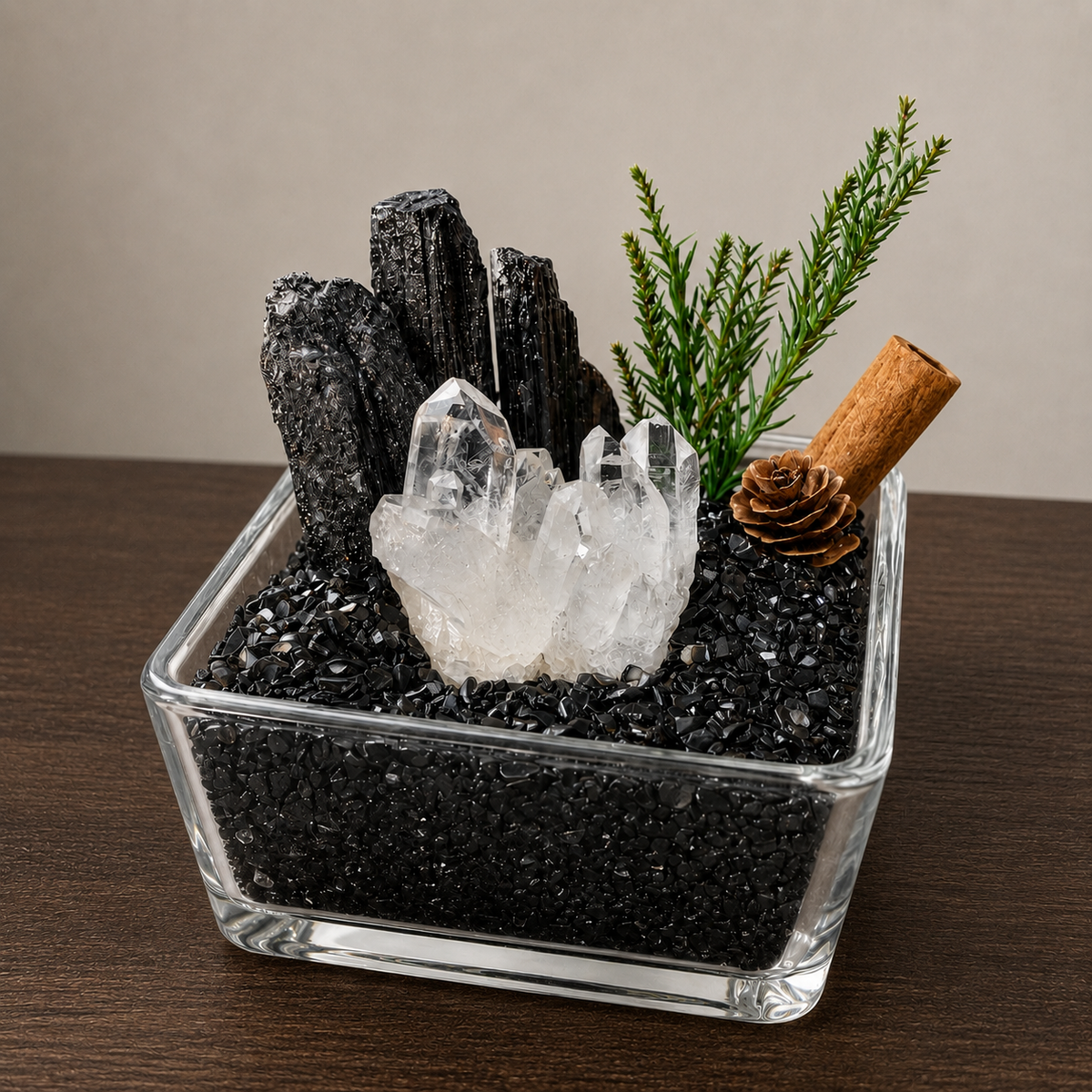 Black Tourmaline & Clear Quartz Garden – Crystal Decor