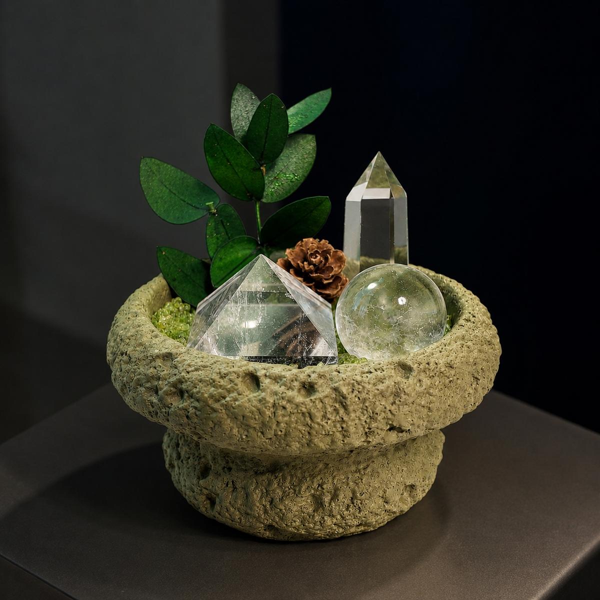 Peridot & Clear Quartz Garden – Pyramid, Sphere & Point