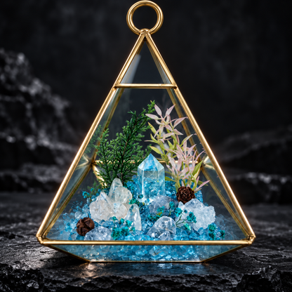 Aquamarine & Clear Quartz Crystal Terrarium – Gold Geometric Hanging Decor
