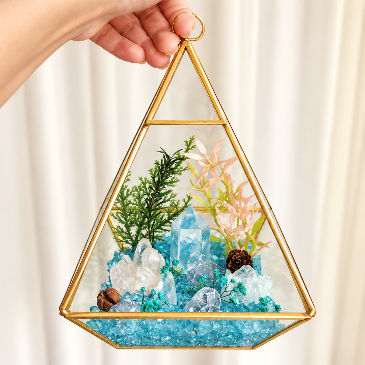 Aquamarine & Clear Quartz Crystal Terrarium – Gold Geometric Hanging Decor
