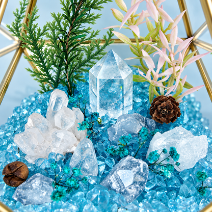 Aquamarine & Clear Quartz Crystal Terrarium – Gold Geometric Hanging Decor
