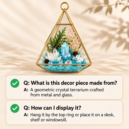 Aquamarine & Clear Quartz Crystal Terrarium – Gold Geometric Hanging Decor
