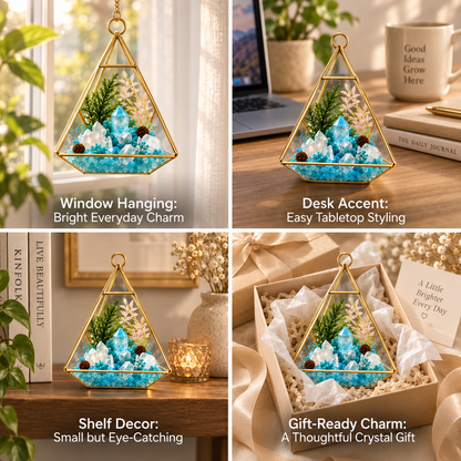 Aquamarine & Clear Quartz Crystal Terrarium – Gold Geometric Hanging Decor