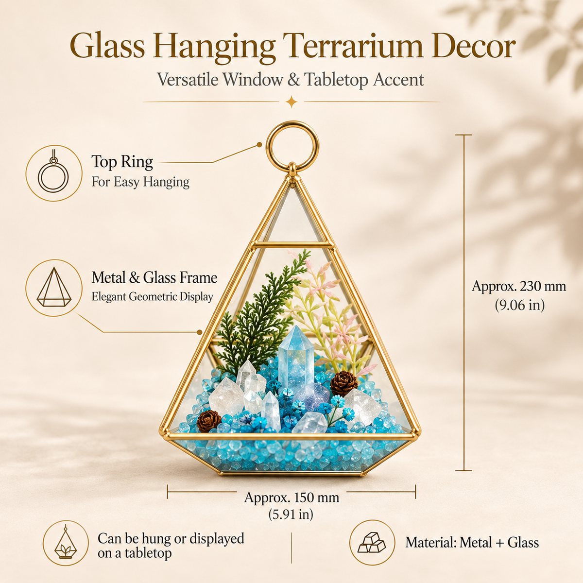 Aquamarine & Clear Quartz Crystal Terrarium – Gold Geometric Hanging Decor