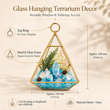 Aquamarine & Clear Quartz Crystal Terrarium – Gold Geometric Hanging Decor