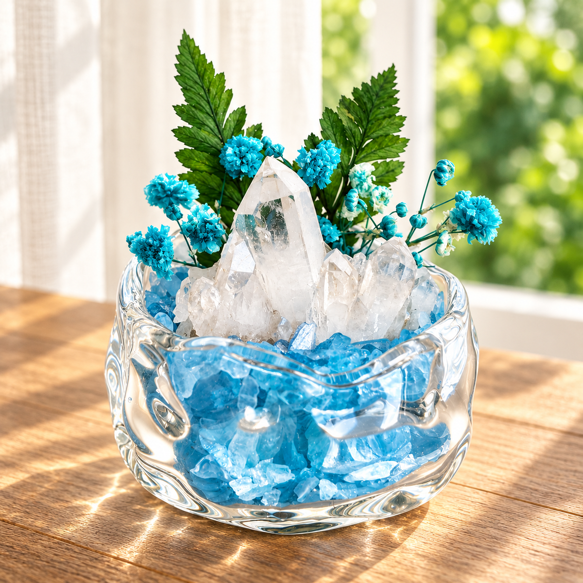 Aquamarine & Clear Quartz Crystal Garden – Blue Flowers & Glass Bowl