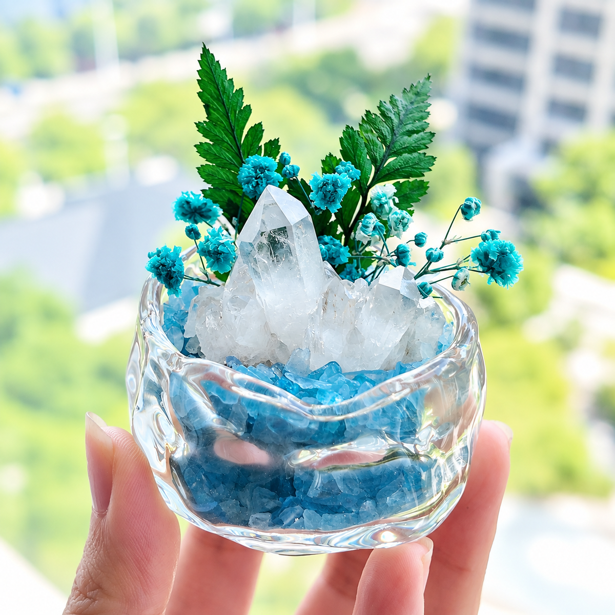 Aquamarine & Clear Quartz Crystal Garden – Blue Flowers & Glass Bowl