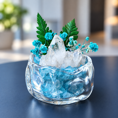 Aquamarine & Clear Quartz Crystal Garden – Blue Flowers & Glass Bowl