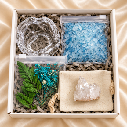 Aquamarine & Clear Quartz Crystal Garden – Blue Flowers & Glass Bowl