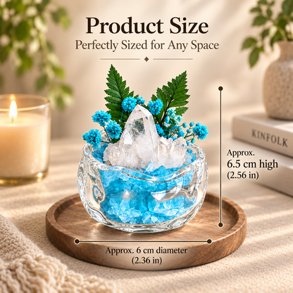Aquamarine & Clear Quartz Crystal Garden – Blue Flowers & Glass Bowl
