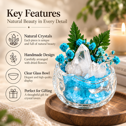 Aquamarine & Clear Quartz Crystal Garden – Blue Flowers & Glass Bowl