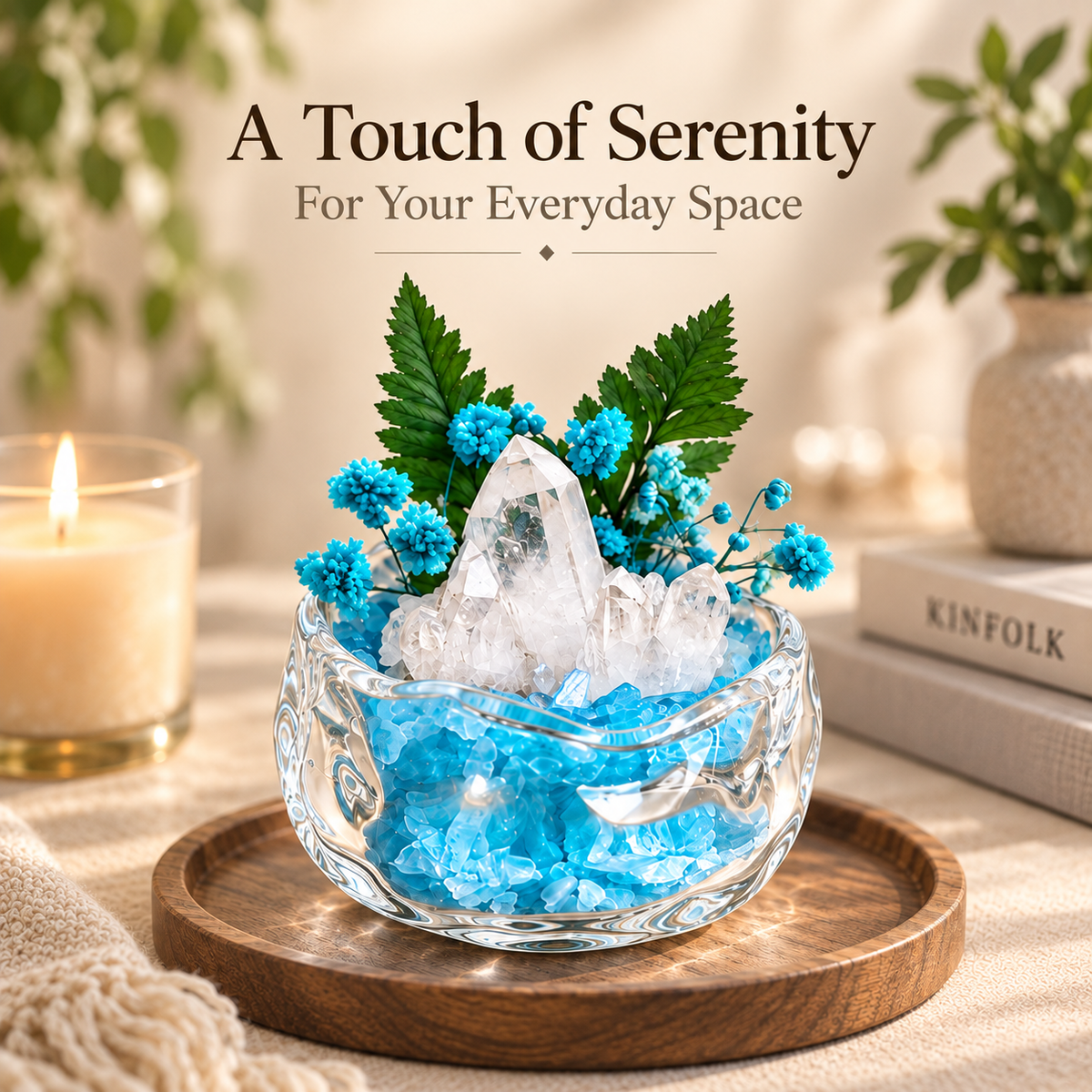 Aquamarine & Clear Quartz Crystal Garden – Blue Flowers & Glass Bowl