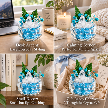Aquamarine & Clear Quartz Crystal Garden – Blue Flowers & Glass Bowl