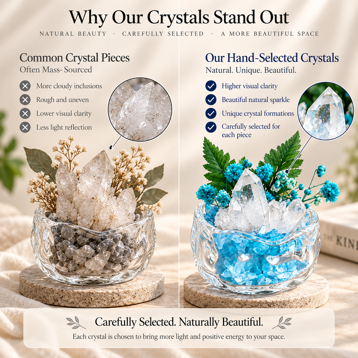 Aquamarine & Clear Quartz Crystal Garden – Blue Flowers & Glass Bowl