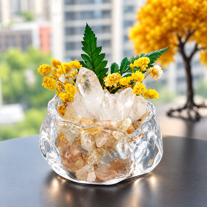 Clear Quartz Crystal Garden – Yellow Flowers & Sculptural Glass Bowl