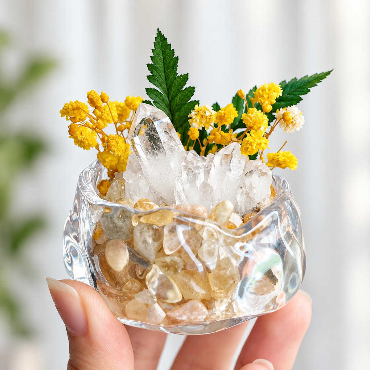 Clear Quartz Crystal Garden – Yellow Flowers & Sculptural Glass Bowl