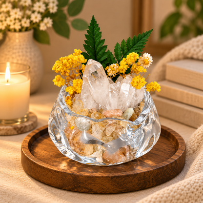Clear Quartz Crystal Garden – Yellow Flowers & Sculptural Glass Bowl