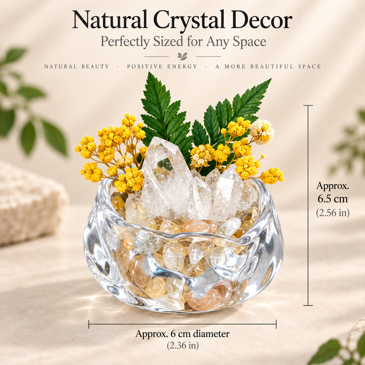 Clear Quartz Crystal Garden – Yellow Flowers & Sculptural Glass Bowl
