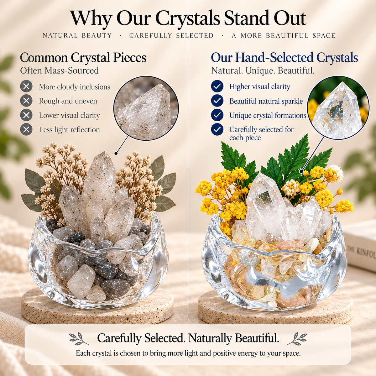 Clear Quartz Crystal Garden – Yellow Flowers & Sculptural Glass Bowl