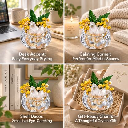 Clear Quartz Crystal Garden – Yellow Flowers & Sculptural Glass Bowl