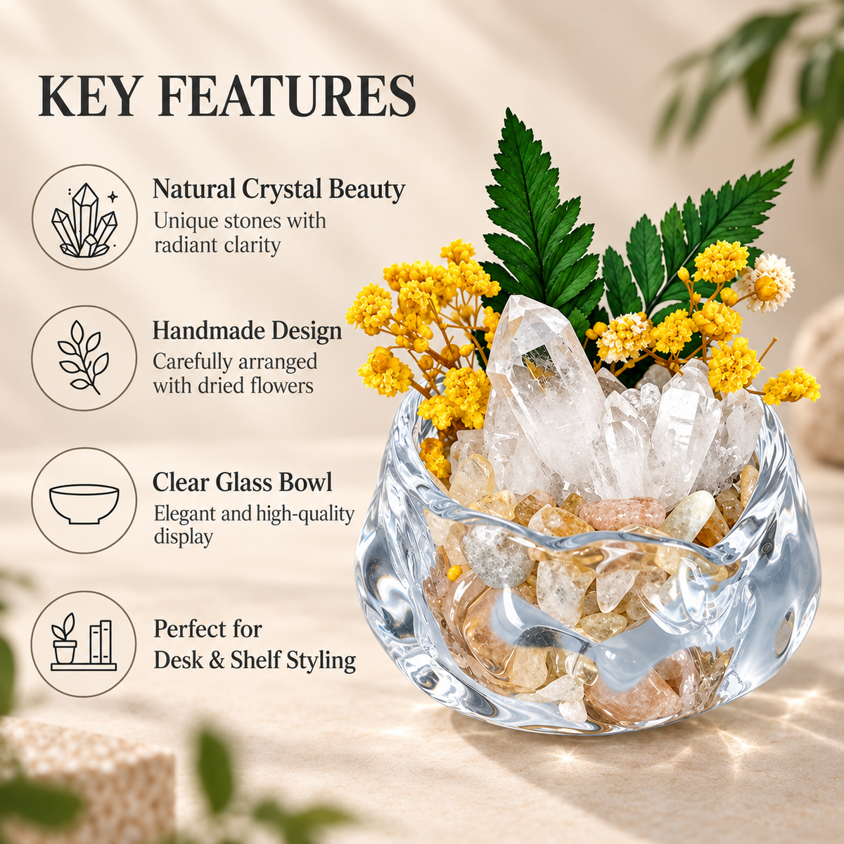 Clear Quartz Crystal Garden – Yellow Flowers & Sculptural Glass Bowl