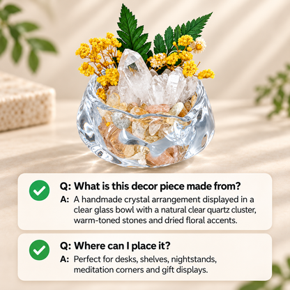 Clear Quartz Crystal Garden – Yellow Flowers & Sculptural Glass Bowl