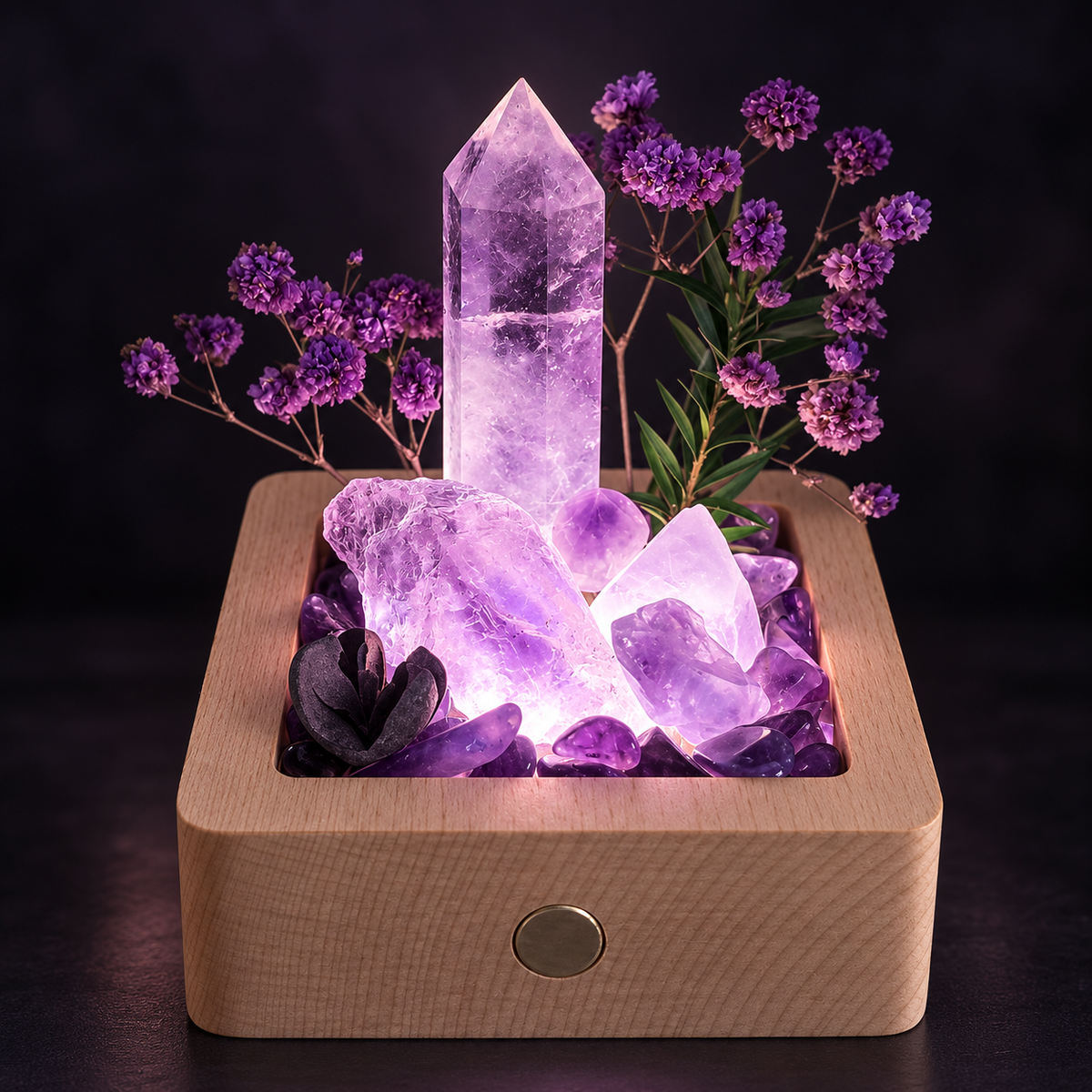 Rechargeable Amethyst Crystal Garden Night Light – Wooden Base & Dried Flowers