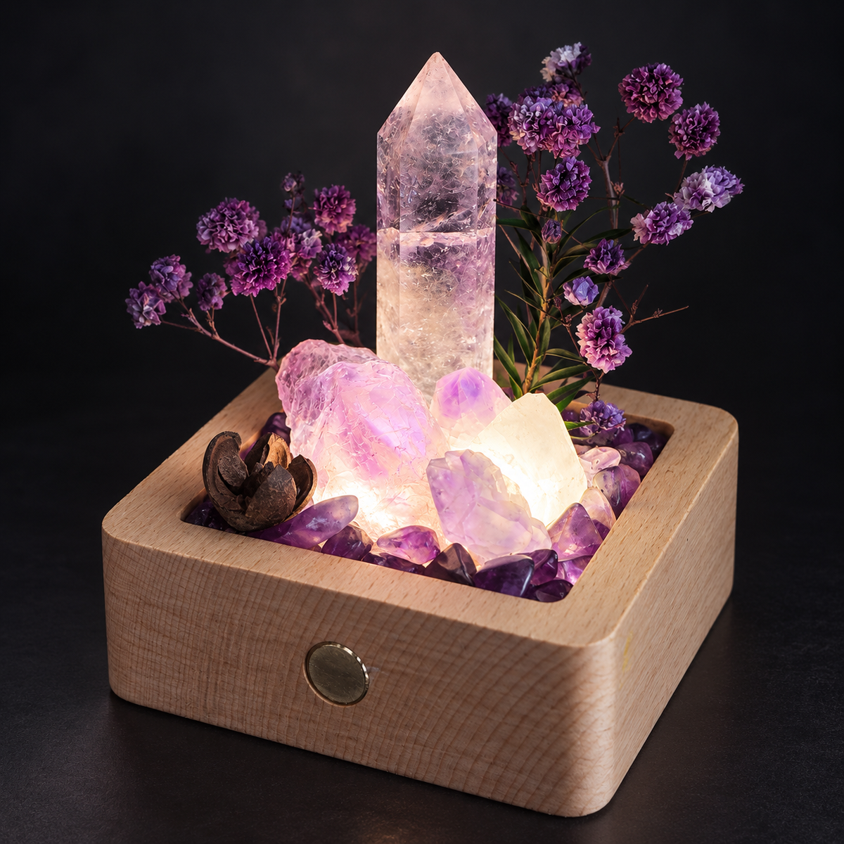 Rechargeable Amethyst Crystal Garden Night Light – Wooden Base & Dried Flowers