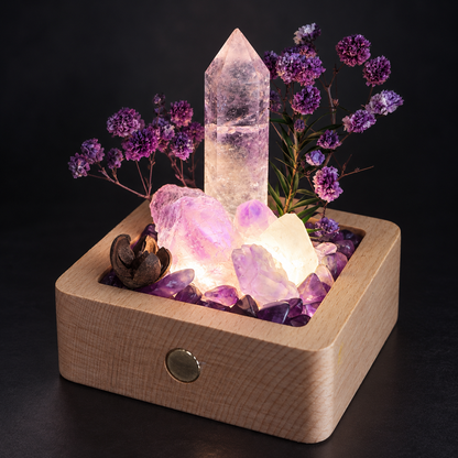 Rechargeable Amethyst Crystal Garden Night Light – Wooden Base & Dried Flowers