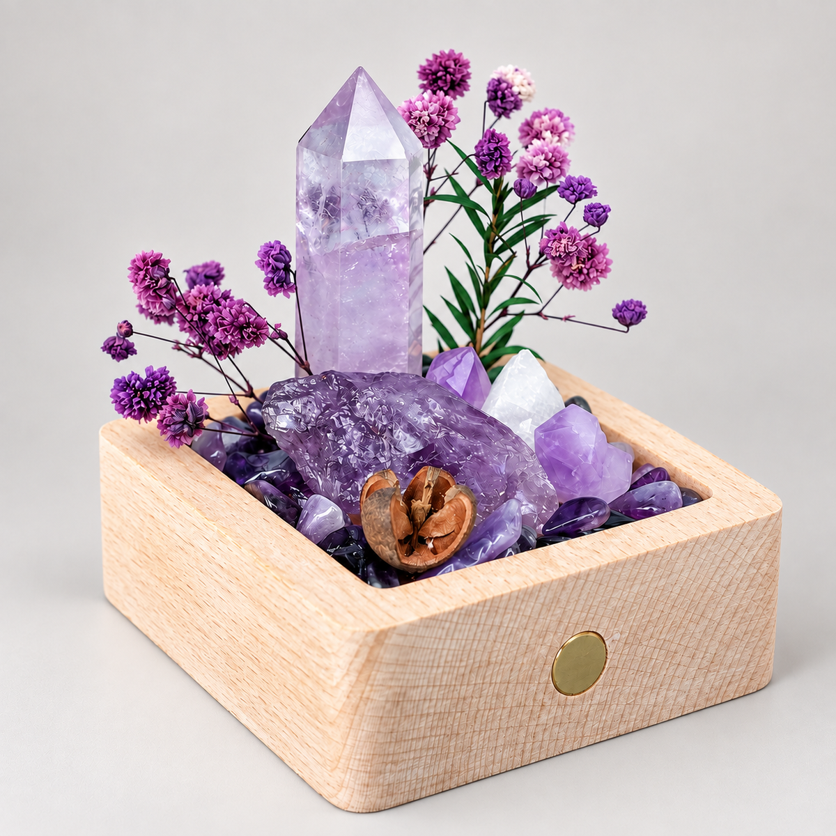 Rechargeable Amethyst Crystal Garden Night Light – Wooden Base & Dried Flowers