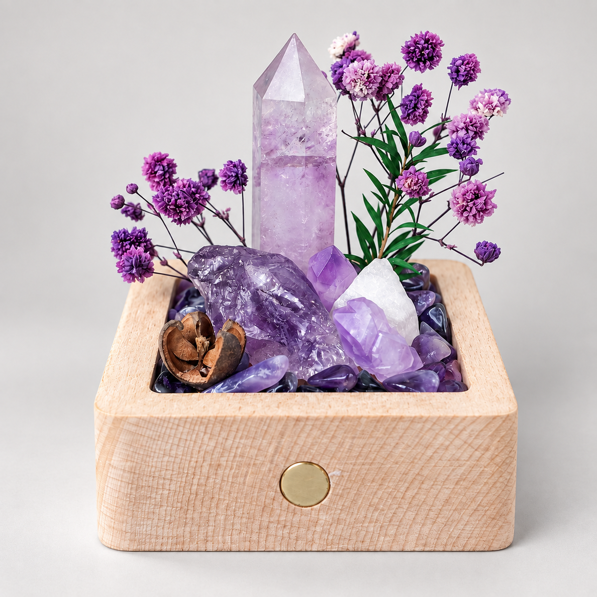 Rechargeable Amethyst Crystal Garden Night Light – Wooden Base & Dried Flowers