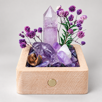 Rechargeable Amethyst Crystal Garden Night Light – Wooden Base & Dried Flowers
